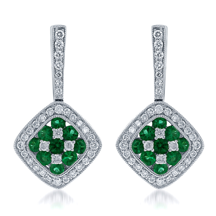 DFJ 18 Karat White Gold Round Emerald Drop Earrings - 0.60 TWT