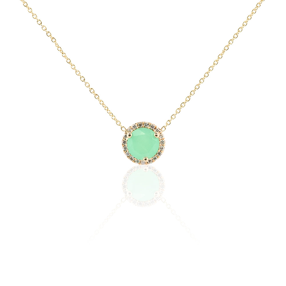 DFJ 14 Karat Yellow Gold  Green Chrysoprase &amp; Diamond Halo Necklace