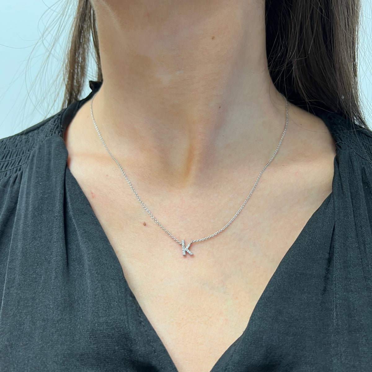 DFJ 14 Karat White Gold Diamond Lowercase &quot;k&quot; Necklace