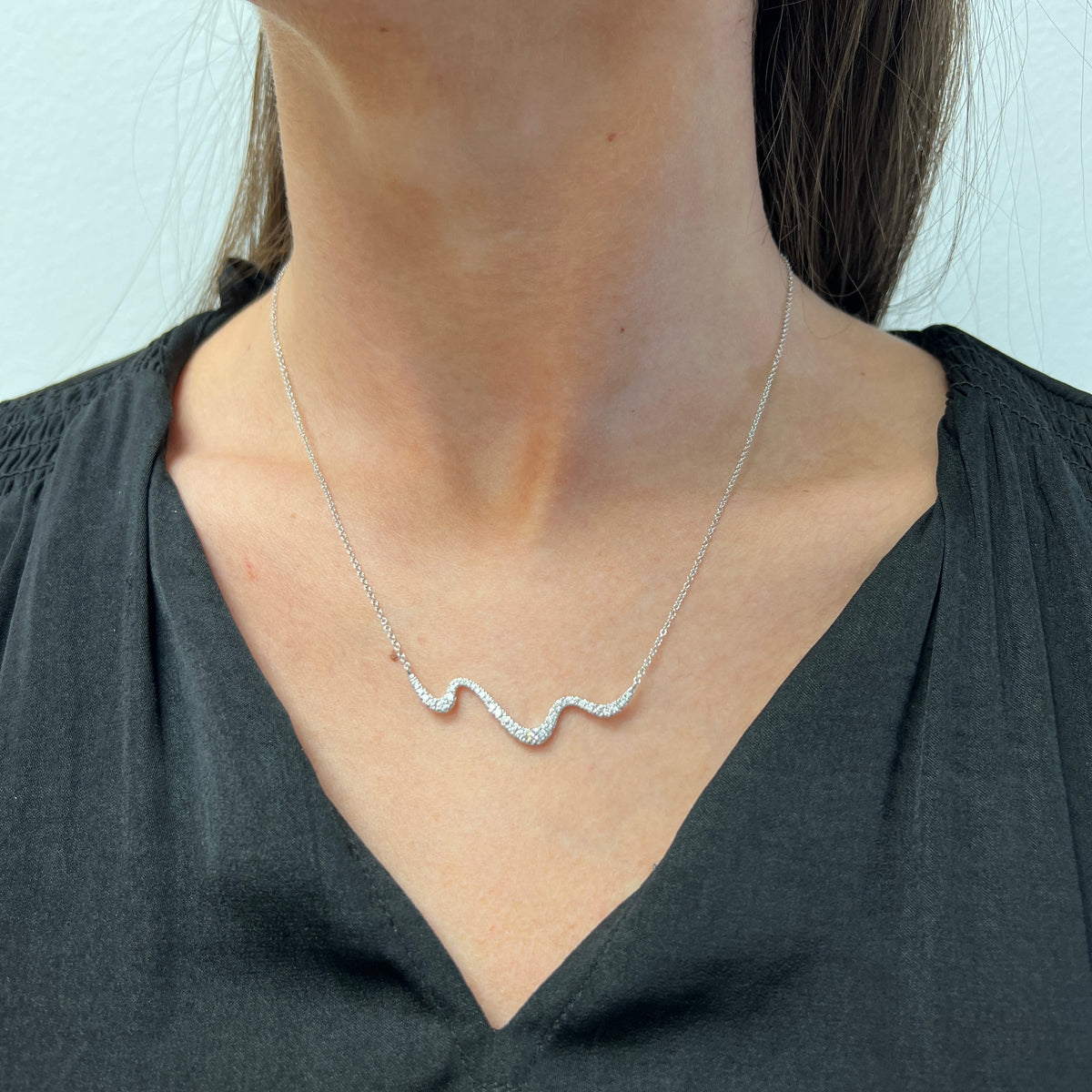 Gabriel &amp; Co. 14K White Gold Graduating Diamond Wave Bar Necklace