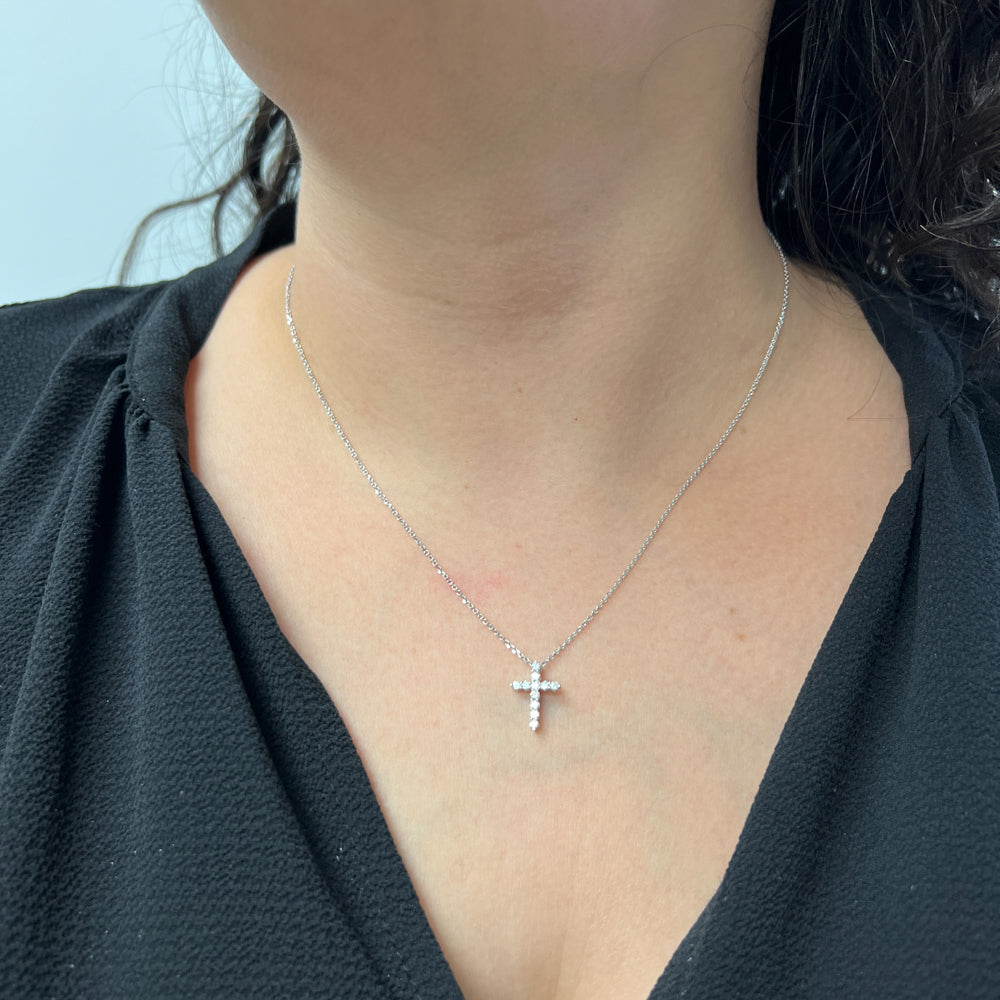 DFJ 14 Karat White Gold Small Diamond Cross Necklace