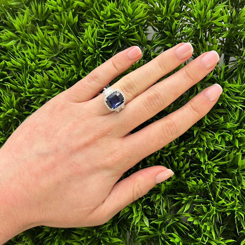 DFJ Platinum Cushion Cut Sapphire &amp; Diamond Ring