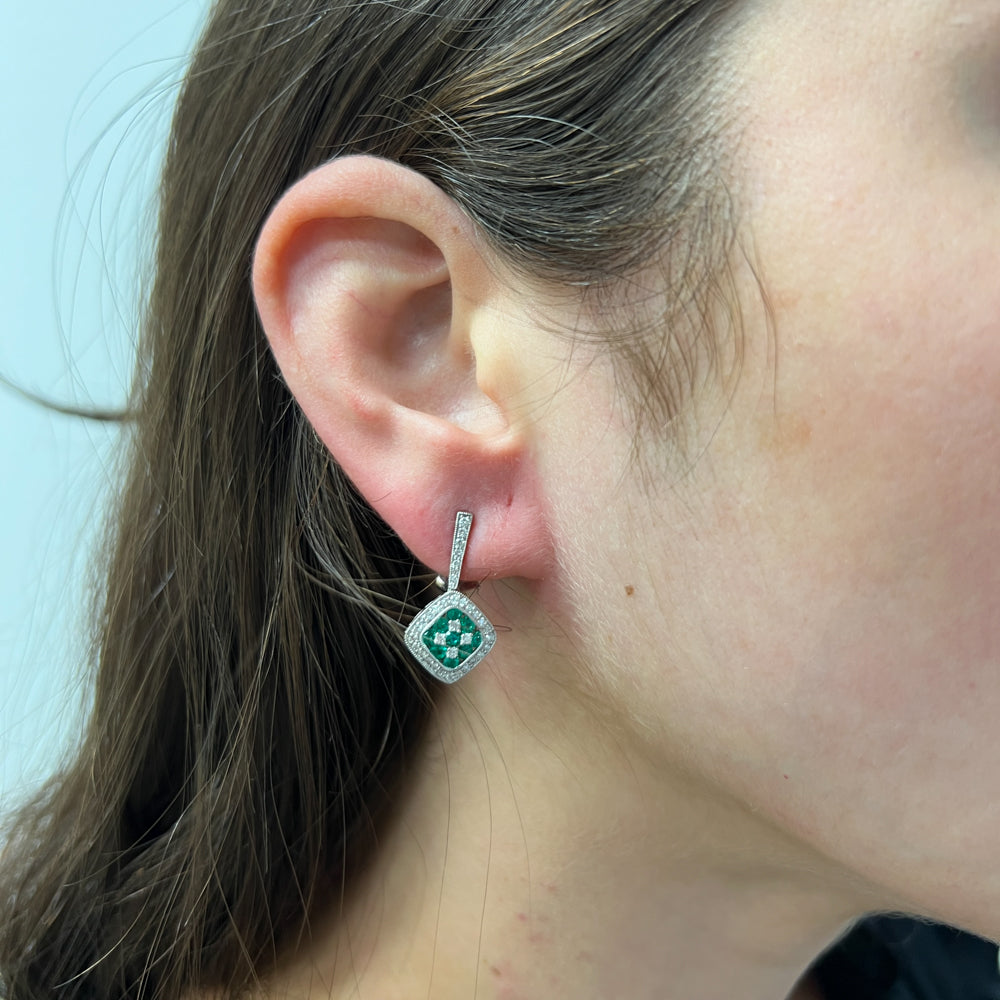 DFJ 18 Karat White Gold Round Emerald Drop Earrings - 0.60 TWT