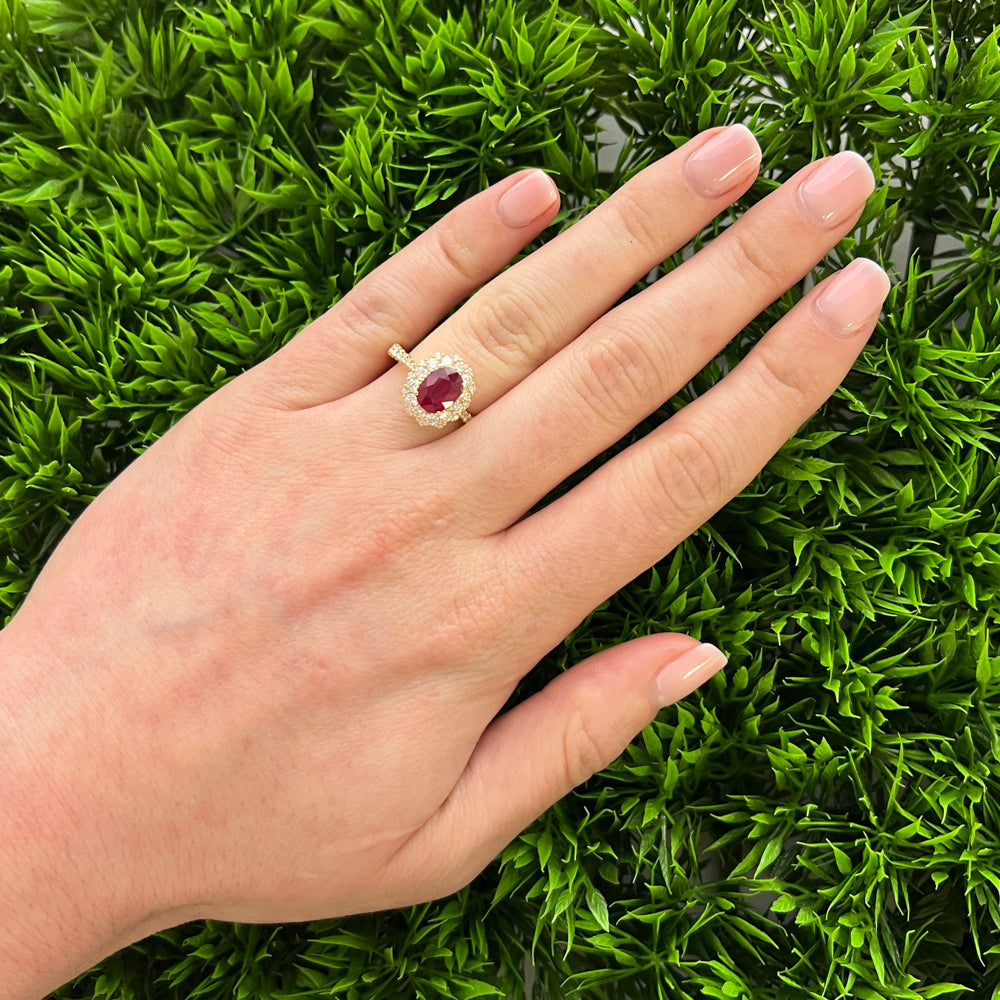 DFJ 18 Karat Yellow Gold Oval Ruby &amp; Diamond Halo Ring