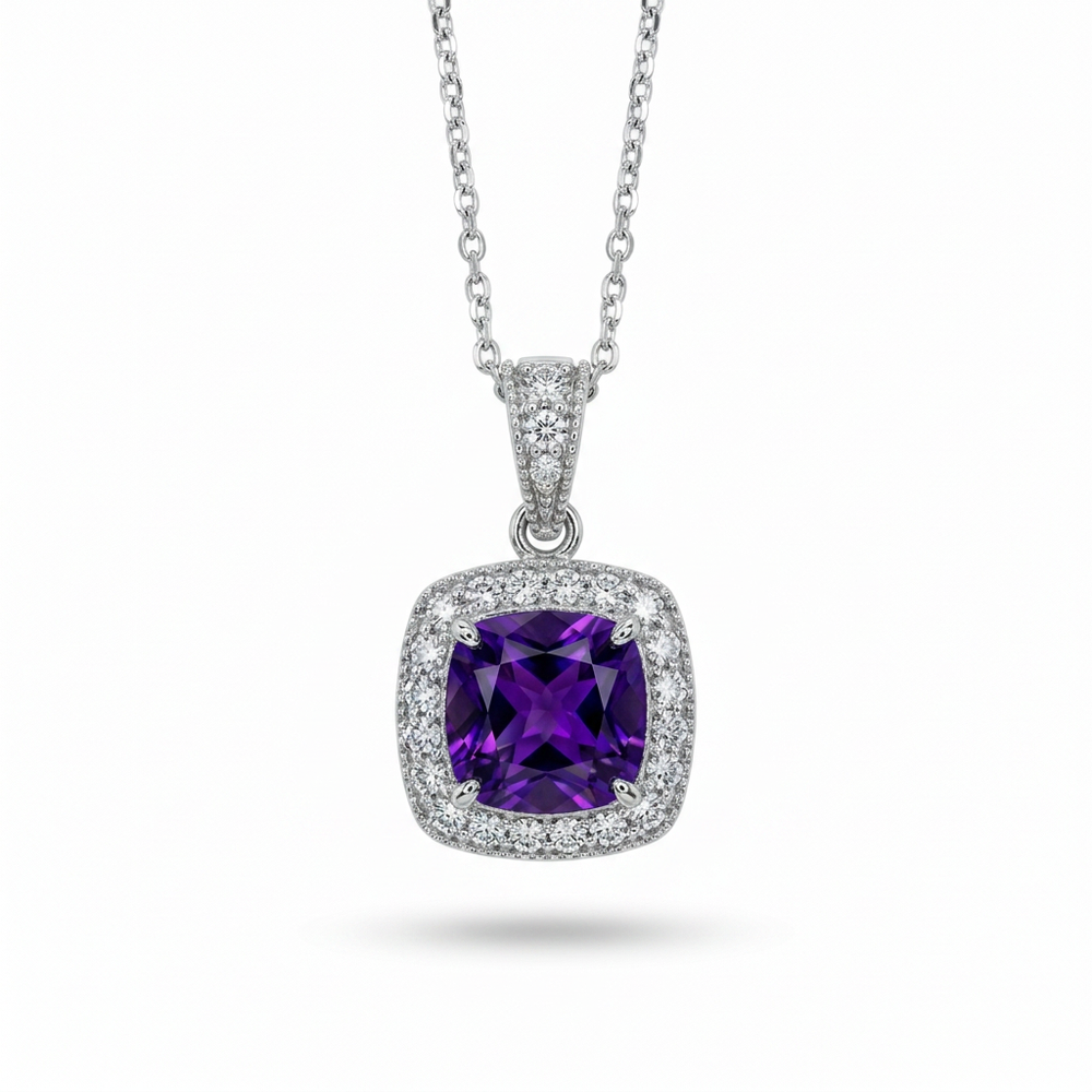 DFJ 14 Karat White Gold Amethyst & Diamond Halo Necklace