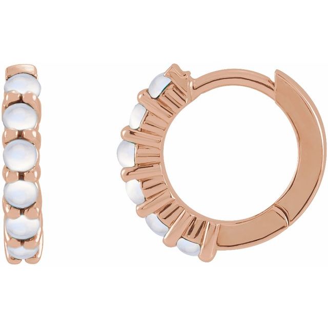 14K Rose Natural Rainbow Moonstone Cabochon  Huggie Hoop Earring