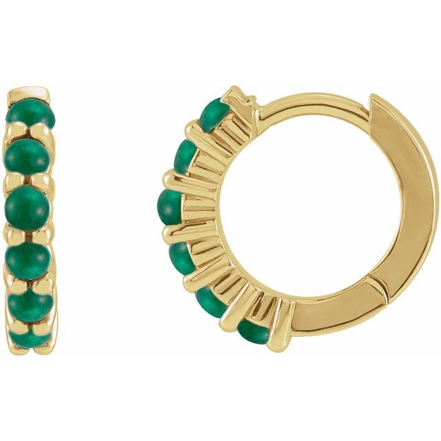 14K Rose Natural Emerald Cabochon  Huggie Hoop Earring