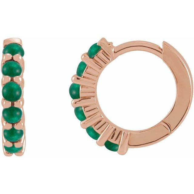 14K Rose Natural Emerald Cabochon  Huggie Hoop Earrings