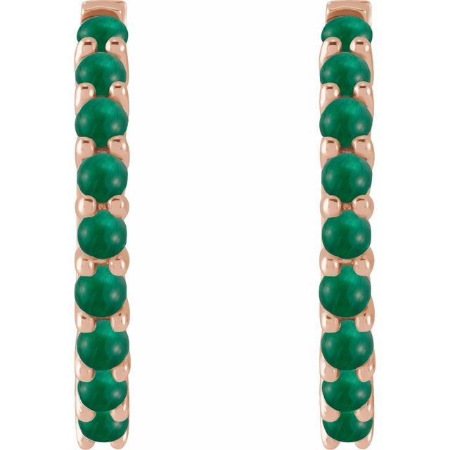 14K Rose Natural Emerald Cabochon  Huggie Hoop Earrings