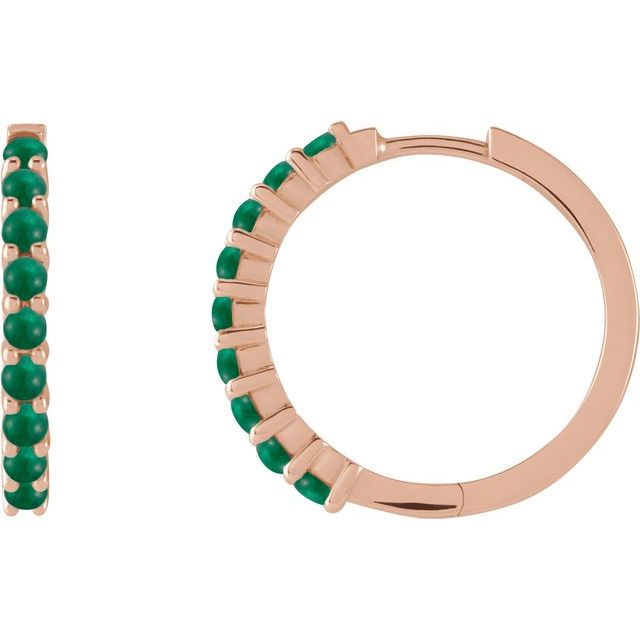 14K Rose Natural Emerald Cabochon  Huggie Hoop Earrings