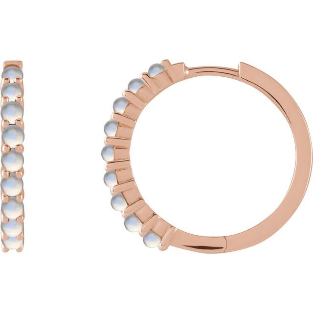 14K Rose Natural Rainbow Moonstone Cabochon  Huggie Hoop Earrings