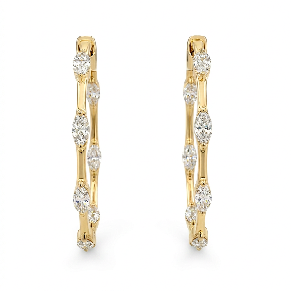 DFJ 18 Karat Yellow Gold Marquise Cut Diamond Medium Hoop Earrings - 1.43TWT