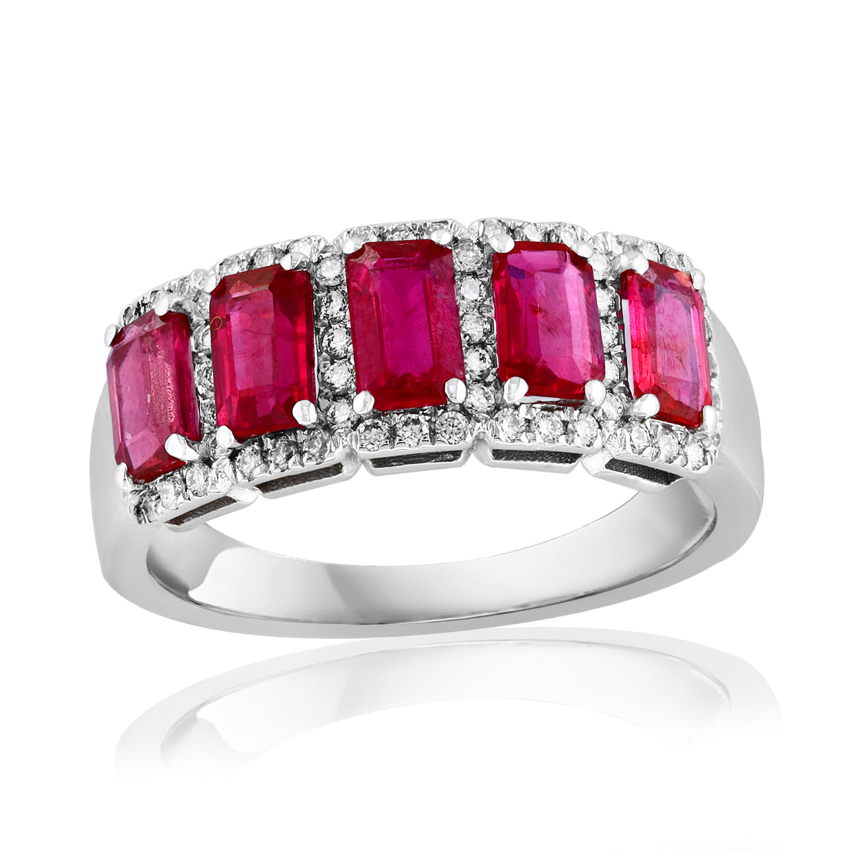 DFJ 14 Karat White Gold Five Rubiy &amp; Diamond Halo Band