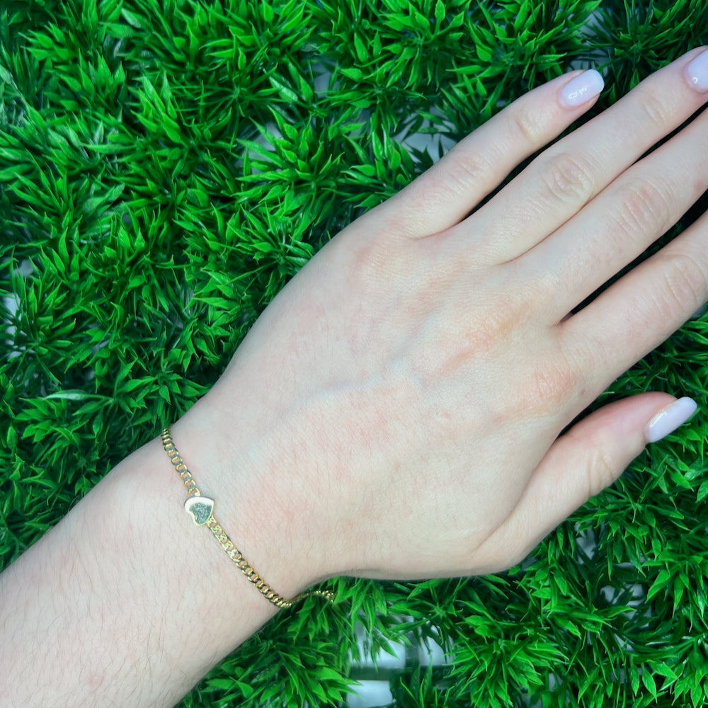 DFJ 14 Karat Yellow Gold Polished Heart Charm &amp;  Curb Bracelet