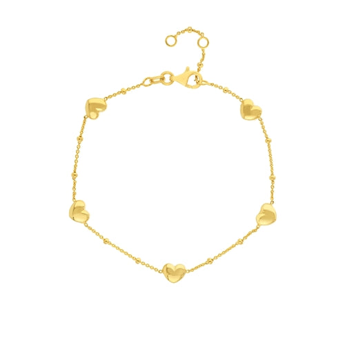 DFJ 14 Karat Yellow Gold Heart Station Bracelet