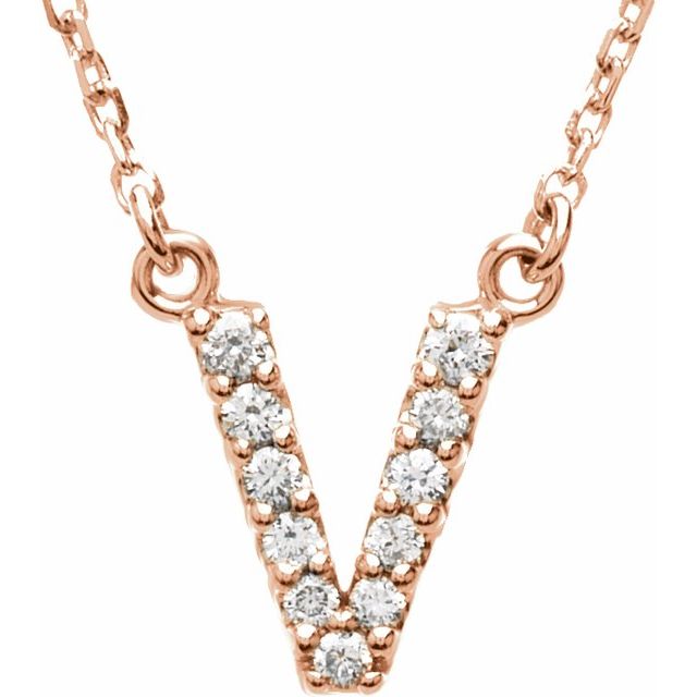 14K Rose Natural Diamond Initial V Necklace
