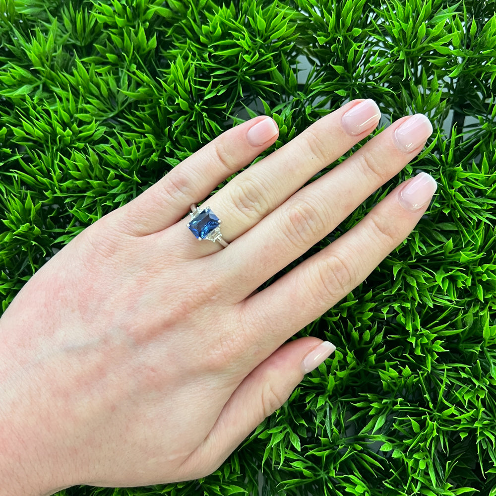 DFJ Platinum Three Stone Emerald Cut Sapphire &amp; Diamond Ring