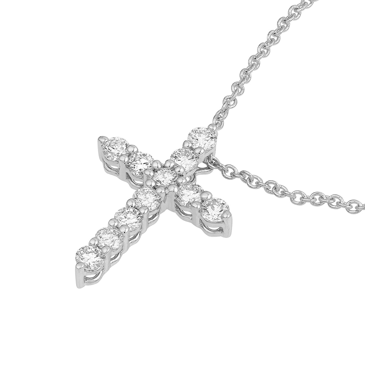 DFJ 14 Karat White Gold Small Diamond Cross Necklace