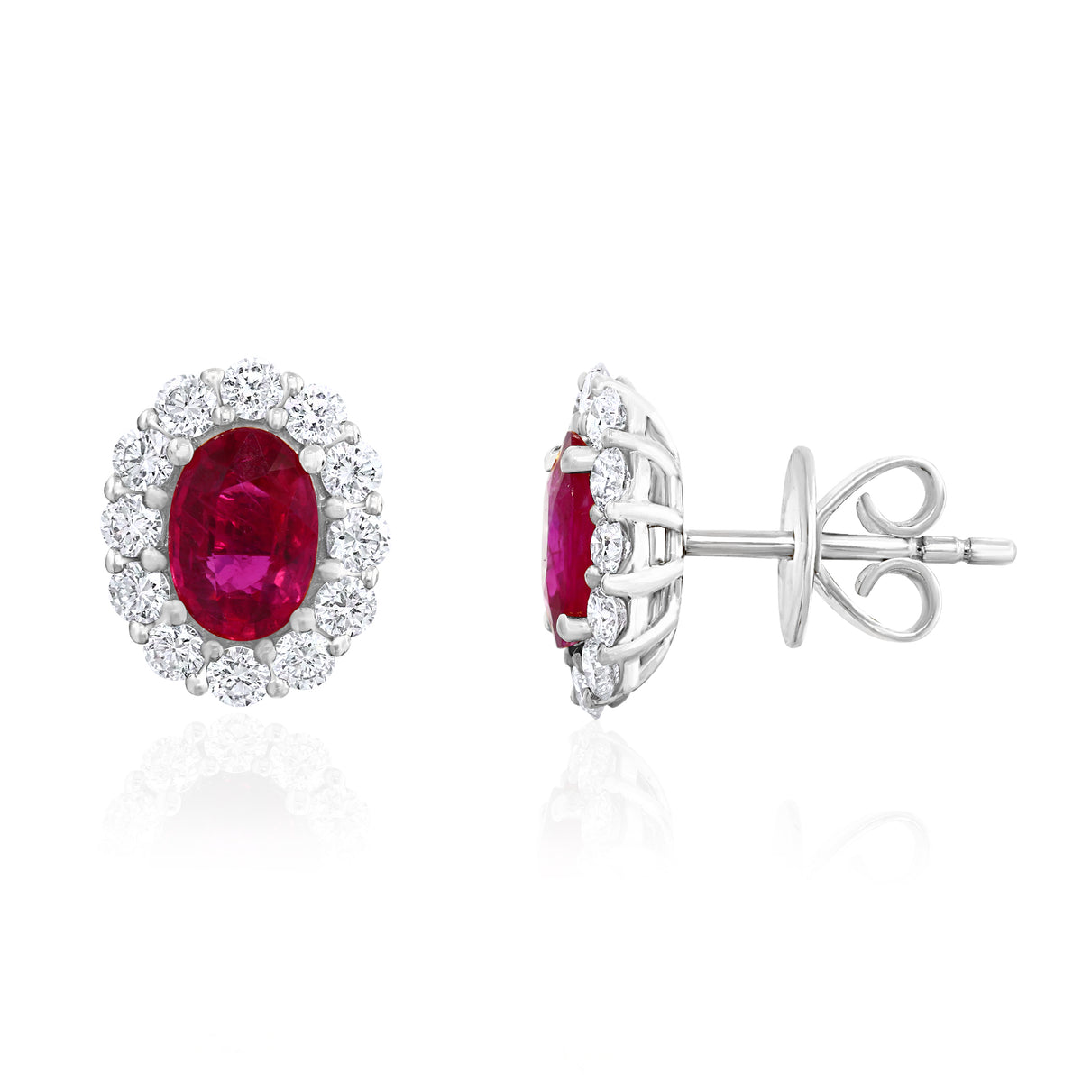 DFJ 18 Karat White Gold Oval Cut Rubies Stud Halo Earrings - 1.75 TWT