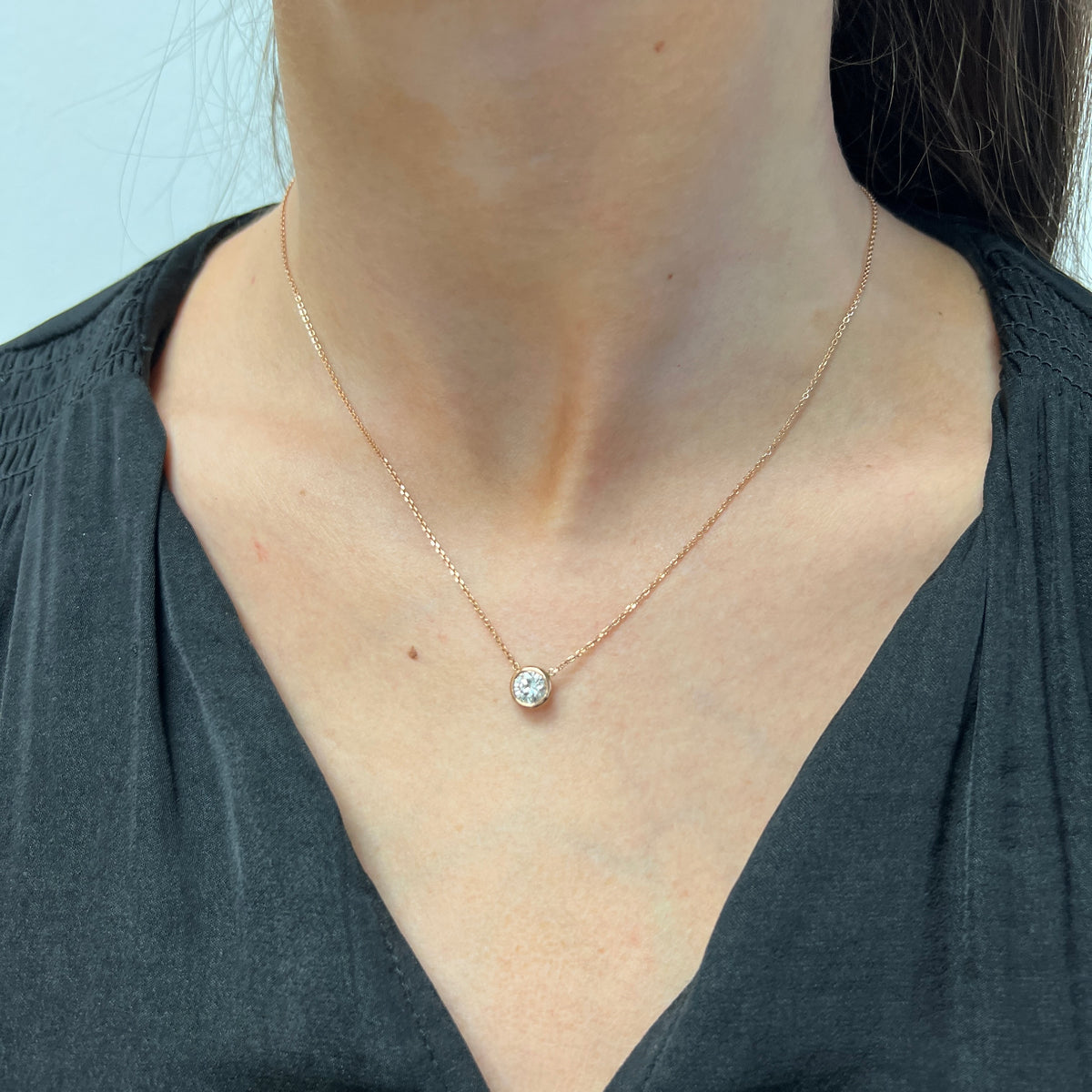 DFJ 14 Karat Rosé Gold 0.68ct Round Diamond Solitaire Necklace