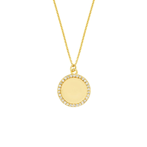 DFJ 14 Karat Yellow Gold Diamond Border Disc Necklace