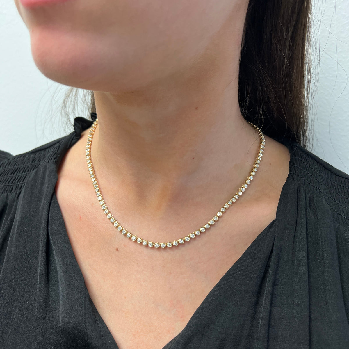 DFJ 14 Karat Yellow Gold Bezel Set Diamond Tennis Necklace