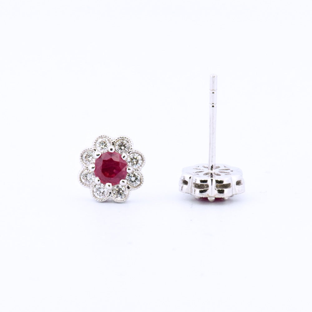 DFJ 14 Karat White Gold Round Ruby Floral Earrings - 0.60 TWT