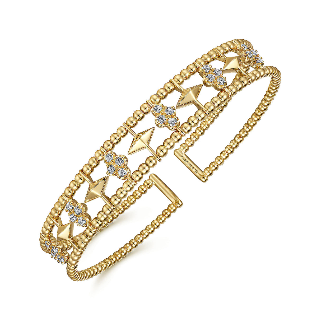 Gabriel &amp; Co. 14 Yellow Gold Bujukan Diamond Cluster and Gold Pyramid Cuff 0.65TWT