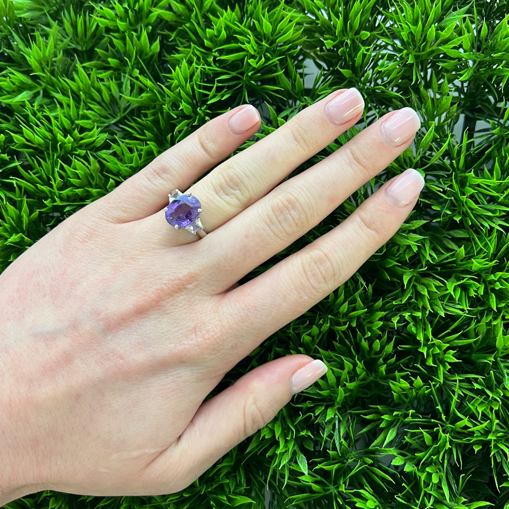 DFJ Platinum Three Stone Purple Sapphire &amp; Diamond Ring