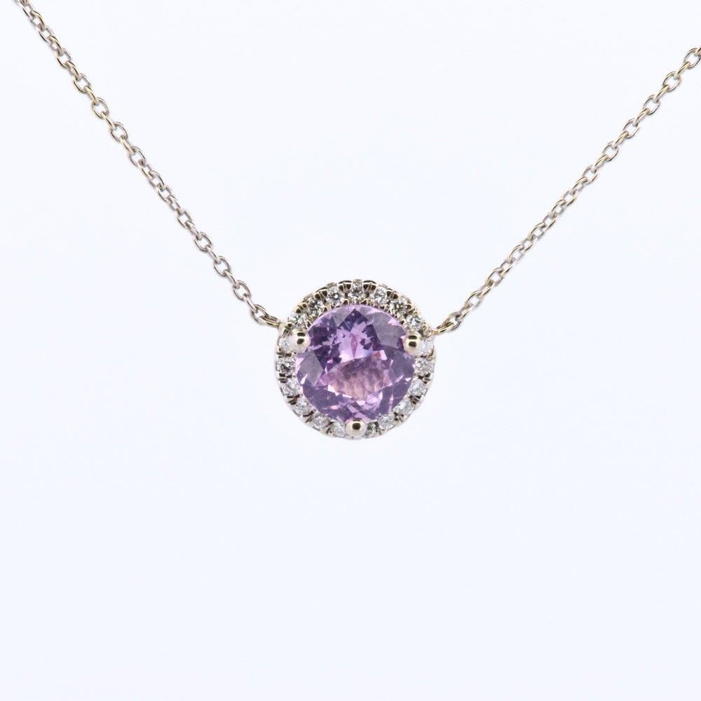 DFJ 14 Karat White Gold Lavender Spinel & Diamond Halo Necklace
