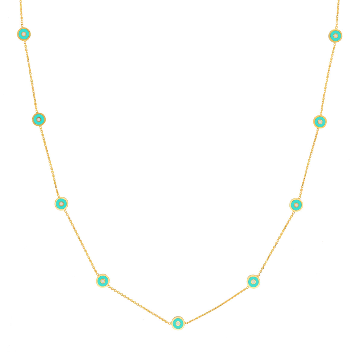 DFJ 14 Karat Yellow Gold Turquoise Enamel Round Evil Eye Station Necklace