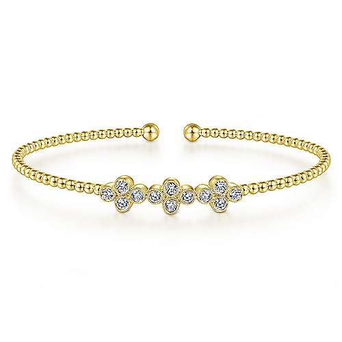 Gabriel &amp; Co.14K Yellow Gold Bujukan Bead Cuff Bracelet with Three Quatrefoil Diamond Stations 0.60TWT