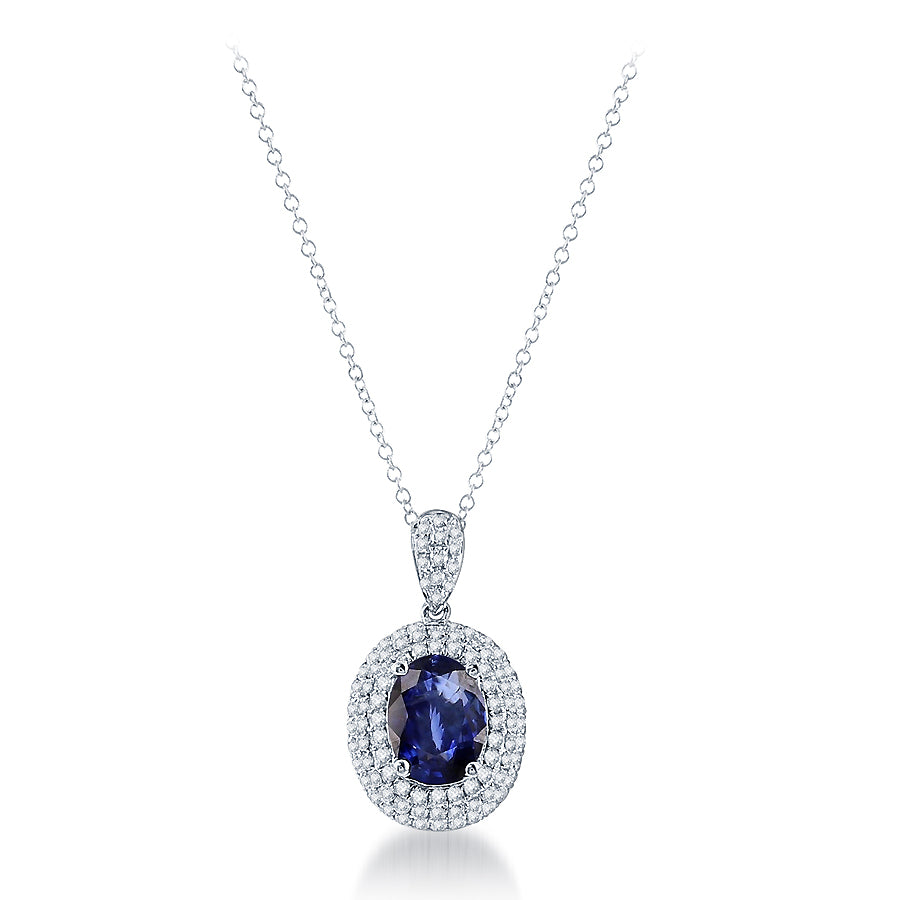 DFJ 18 Karat White Gold Oval Sapphire &amp; Diamond Halo Drop Necklace