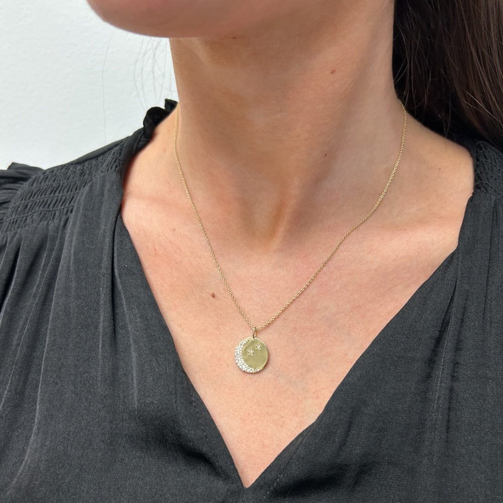 DFJ 14 Karat Yellow Gold Moon &amp; Stars Necklace