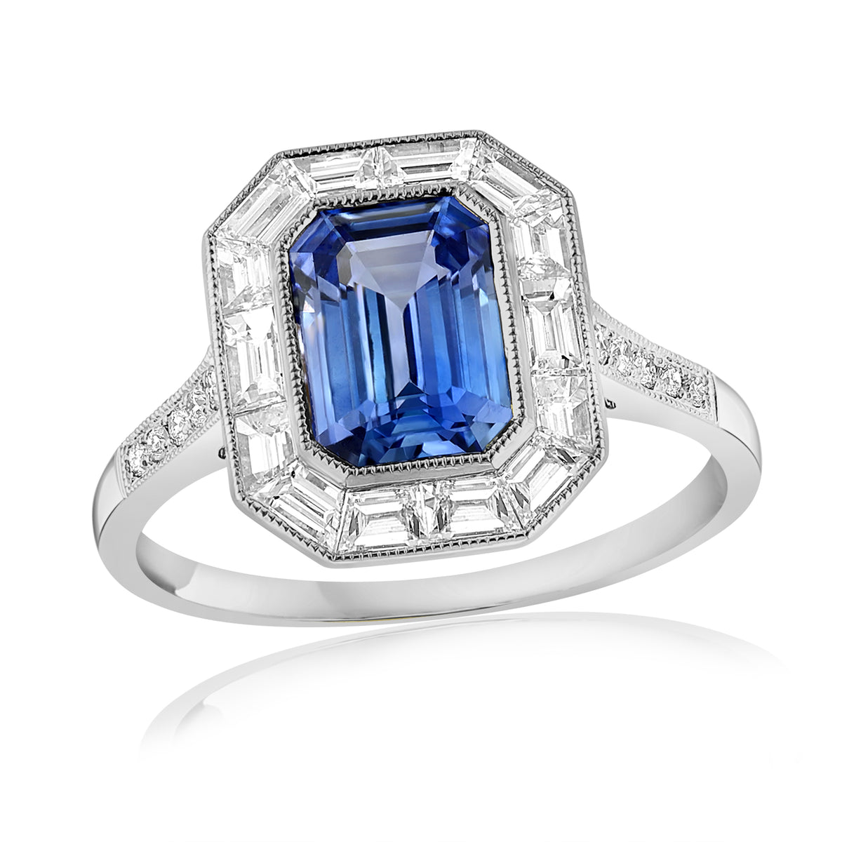 DFJ Platinum Sapphire &amp; Diamond Halo Ring