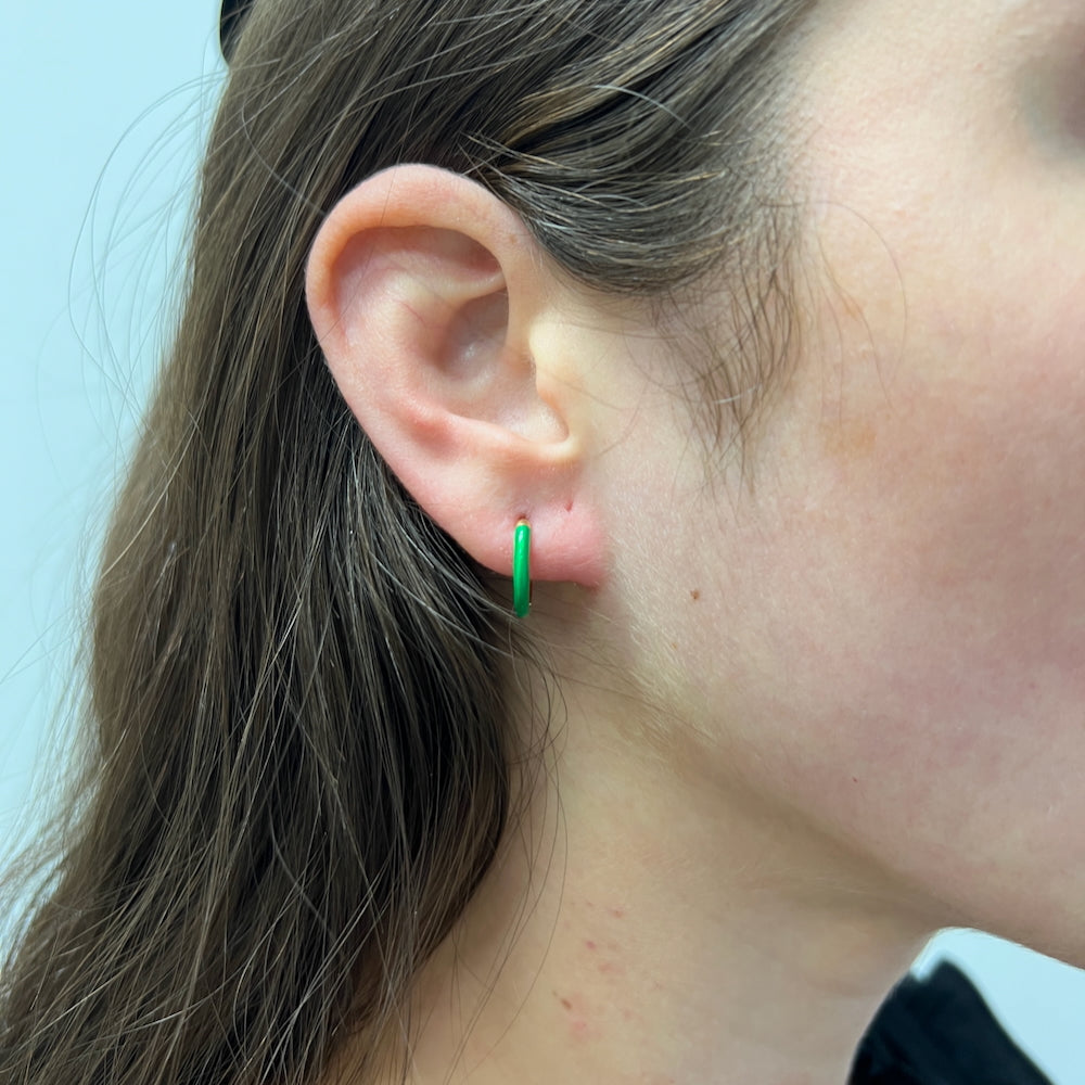 DFJ 14 Karat Yellow Gold Green Enamel Huggies Earrings