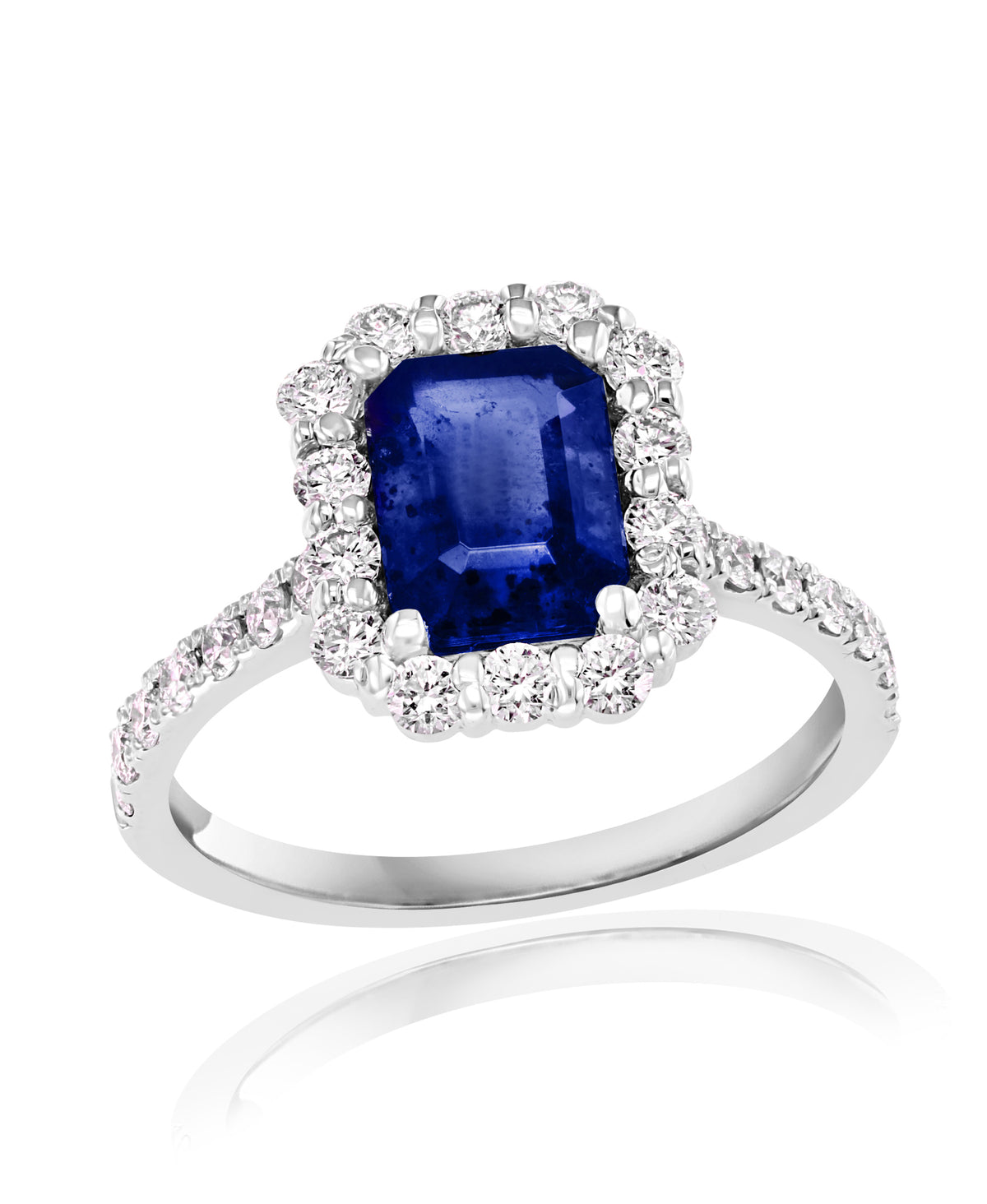 DFJ 14 Karat White Gold Emerald Cut Sapphire &amp; Diamond Halo Ring