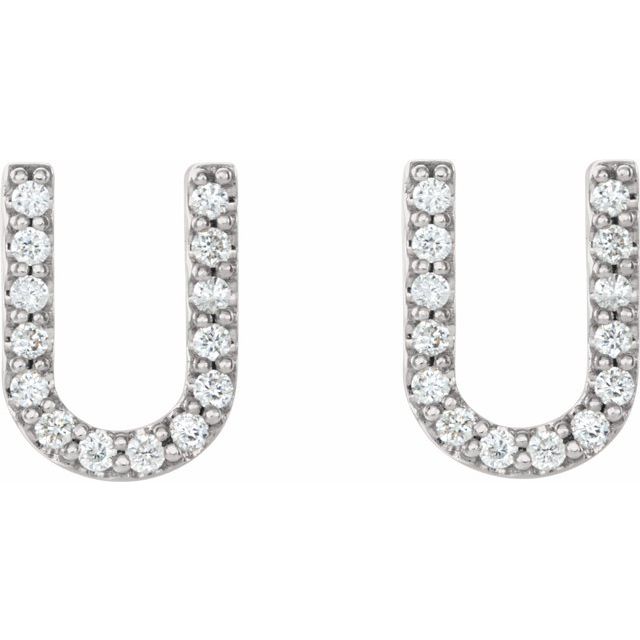 14K White Natural Diamond Initial U Earrings