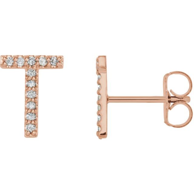 14K Rose Natural Diamond Initial T Earring