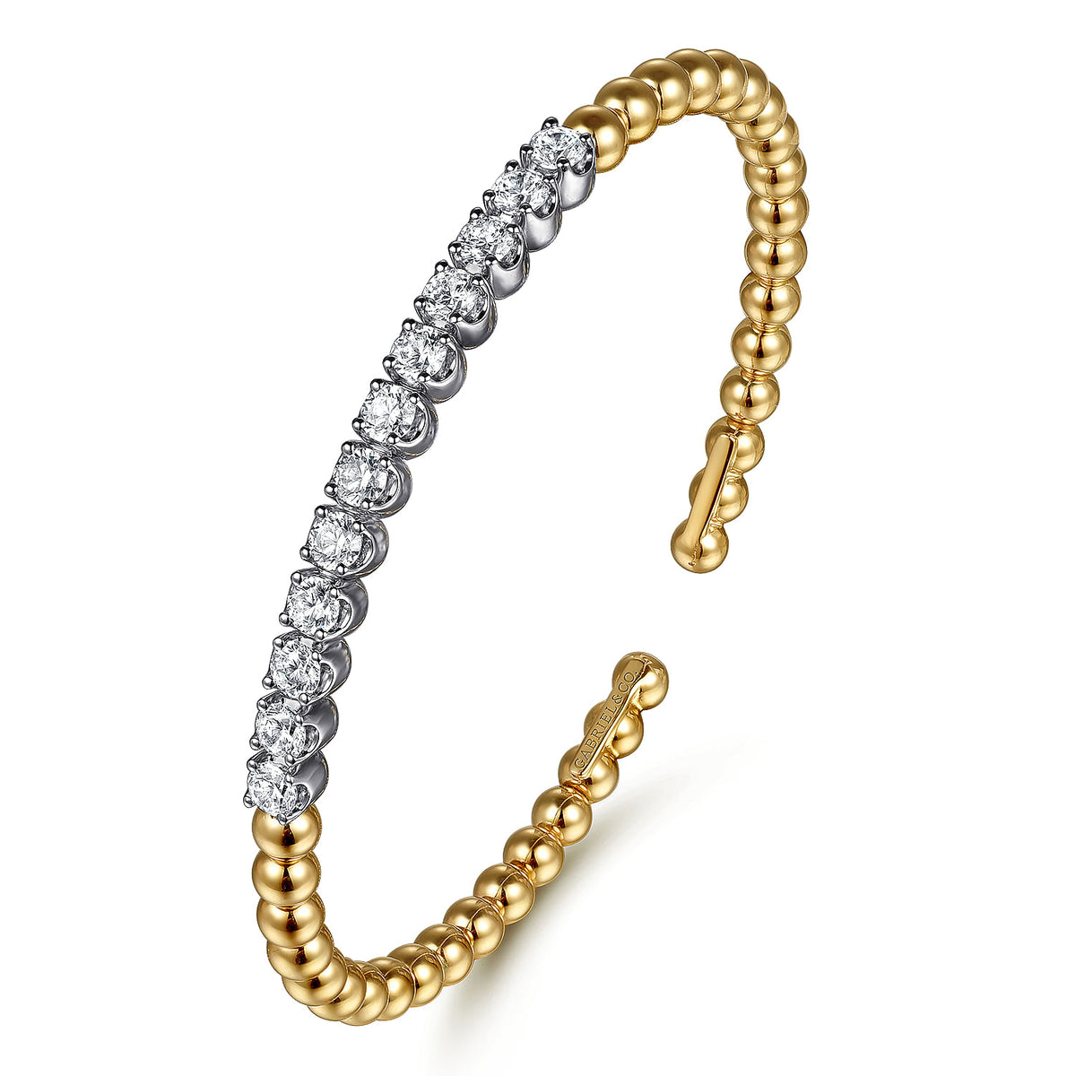 14 Karat White &amp; Yellow Gold Bujukan Beads and Diamond Split Bangle Bracelet 1.62TWT