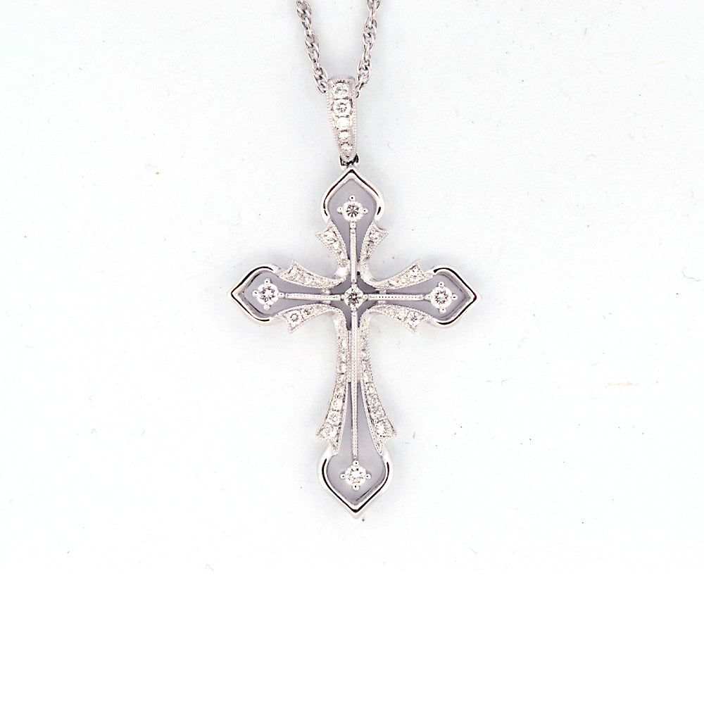 DFJ 18 Karat White Gold Vintage Inspired Diamond Cross Necklace
