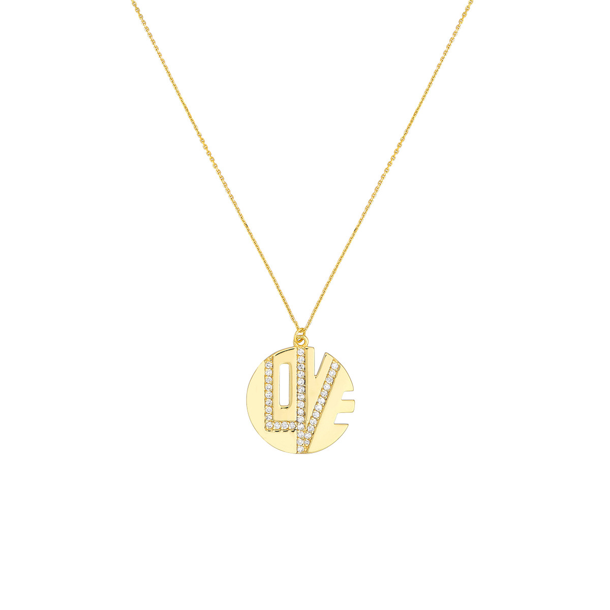 DFJ 14 Karat Yellow Gold Diamond Love Cutout Medallion Necklace