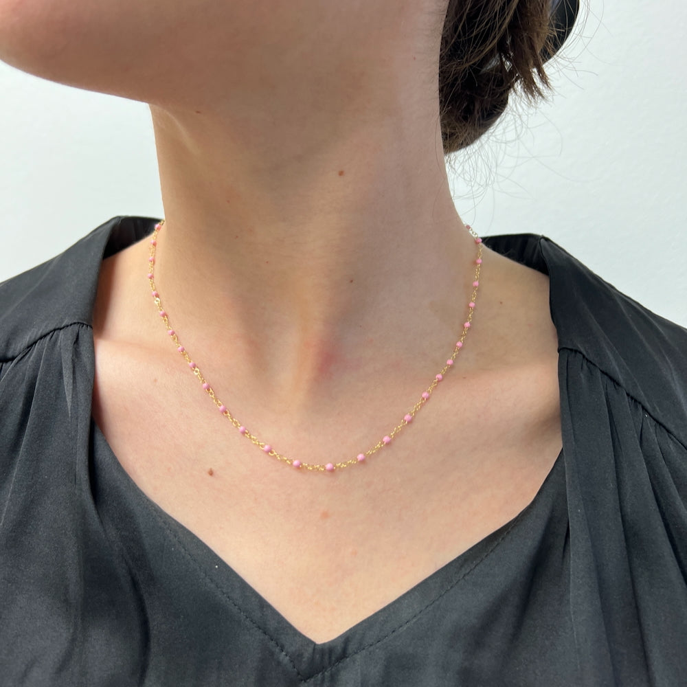 DFJ 14 Karat Yellow Gold Baby Pink Enamel Bead Piatto Necklace