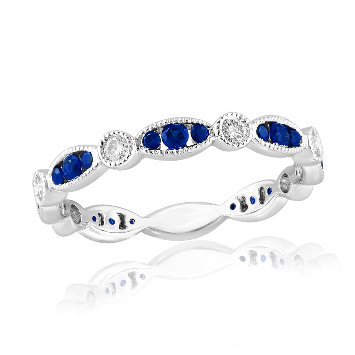 DFJ 18 Karat White Gold Vintage Inspired Sapphire &amp; Diamond Band