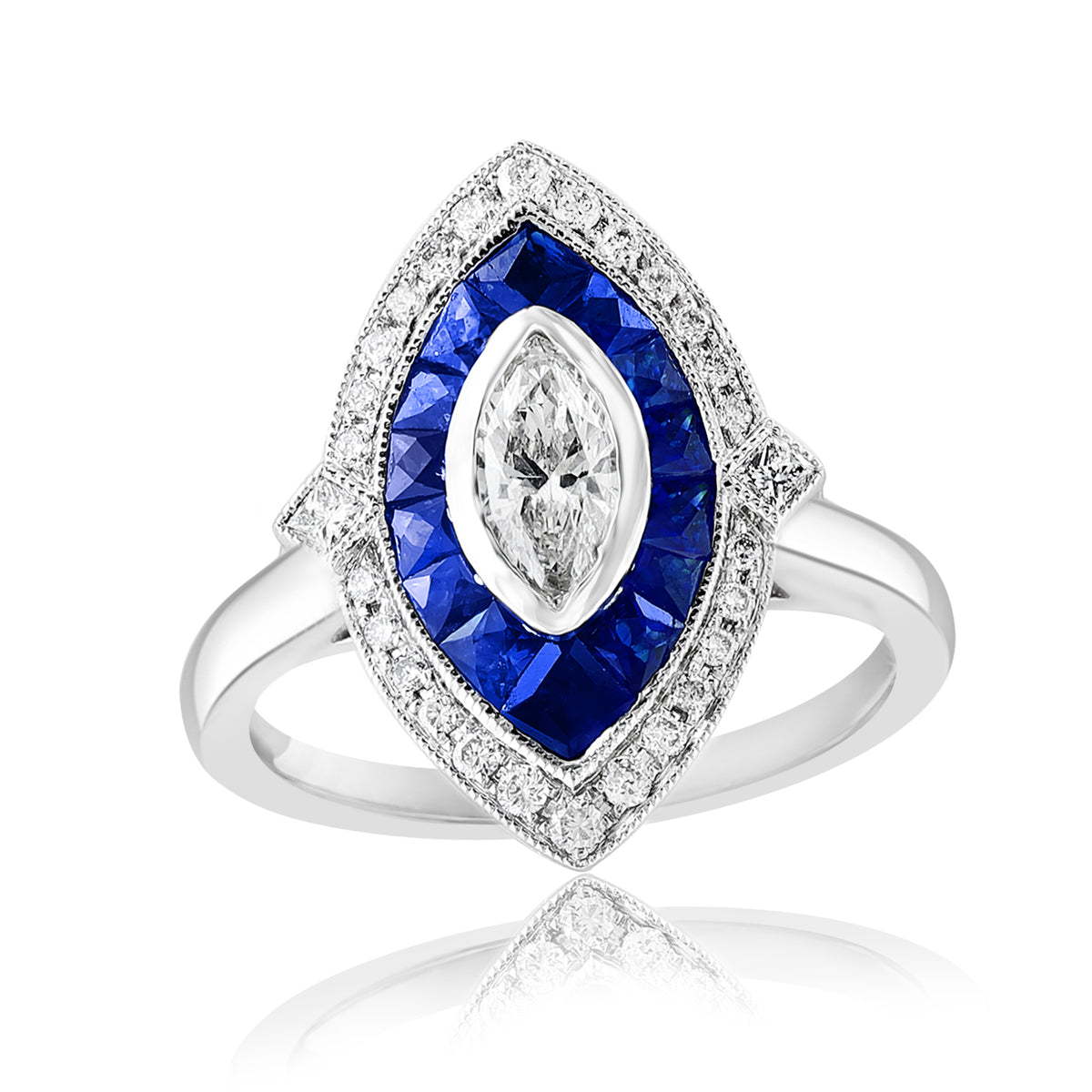 DFJ 18 Karat White Gold Vintage Inspired Diamond &amp; Sapphire Ring