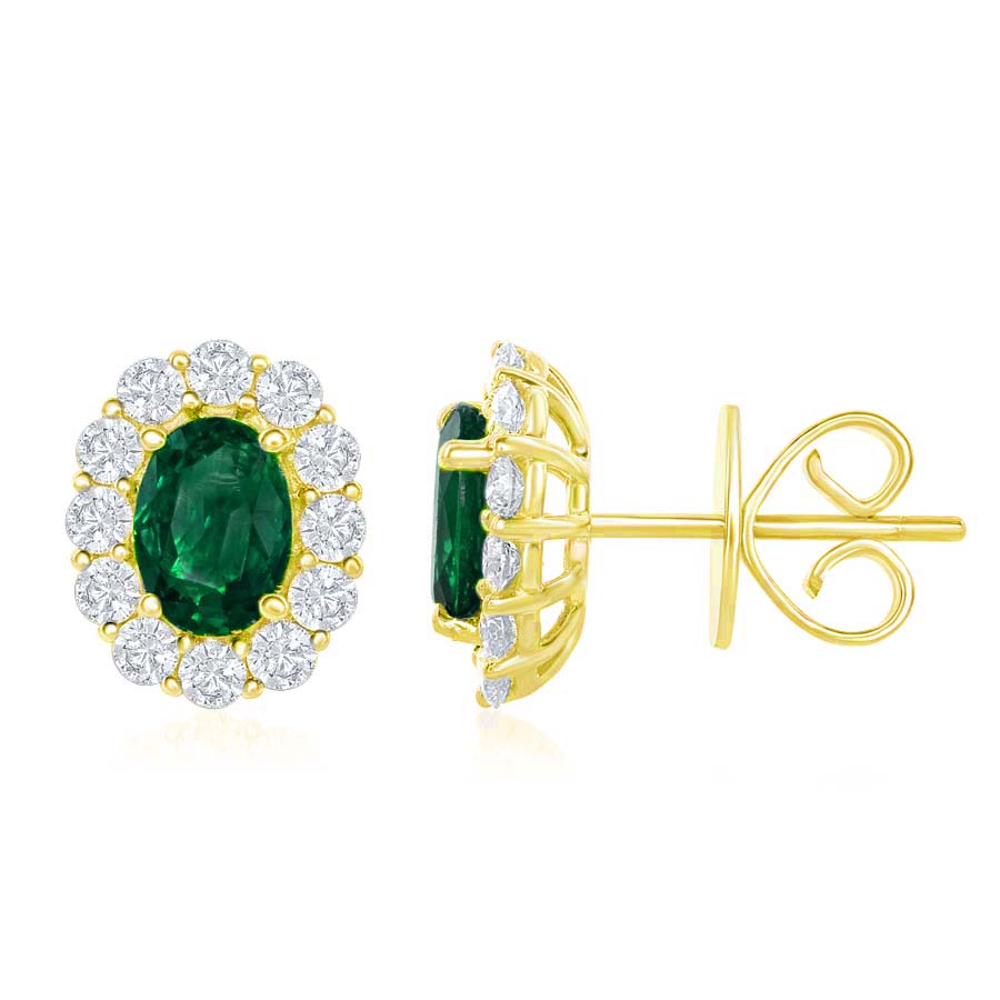 DFJ 18 Karat Yellow Gold Oval Emerald Stud Halo Earrings - 1.18 TWT