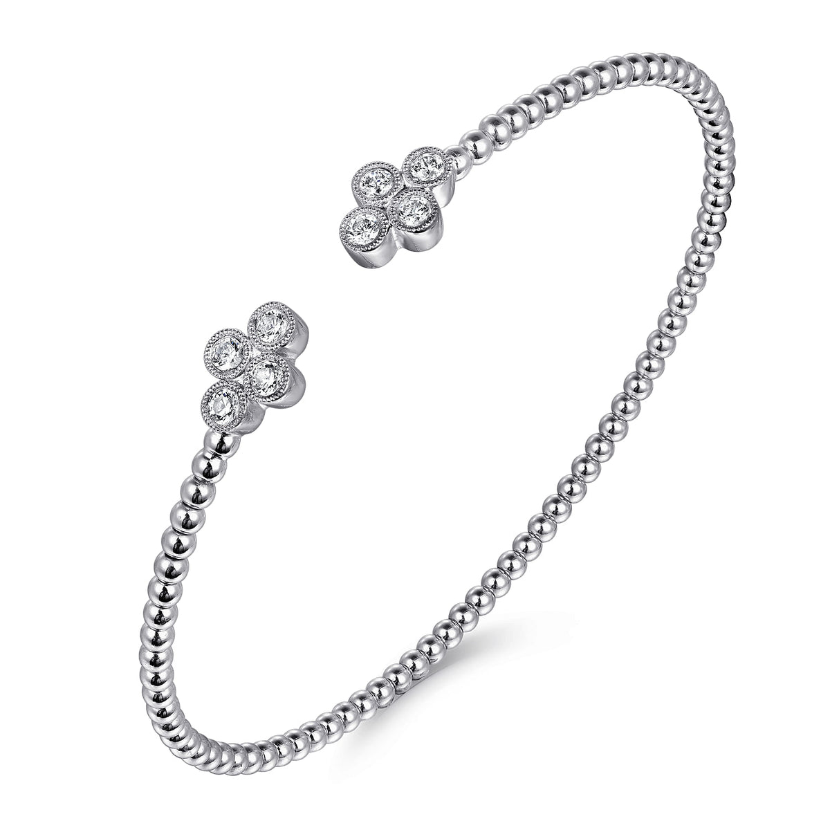 Gabriel &amp; Co. 14K White Gold Bujukan Bead Split Cuff Bracelet with Quatrefoil Diamond Endcaps 0.40TWT