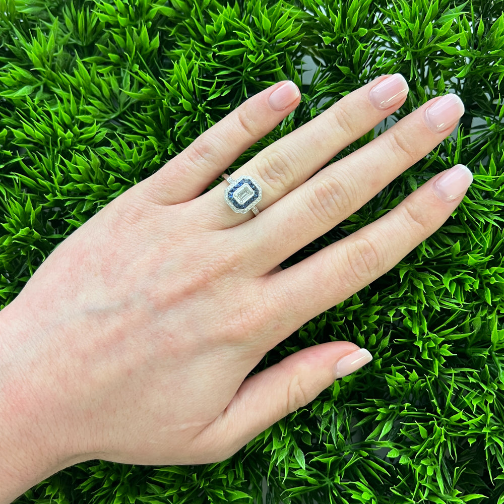 DFJ Platinum Vintage Inspired Diamond &amp; Sapphire Halo Ring