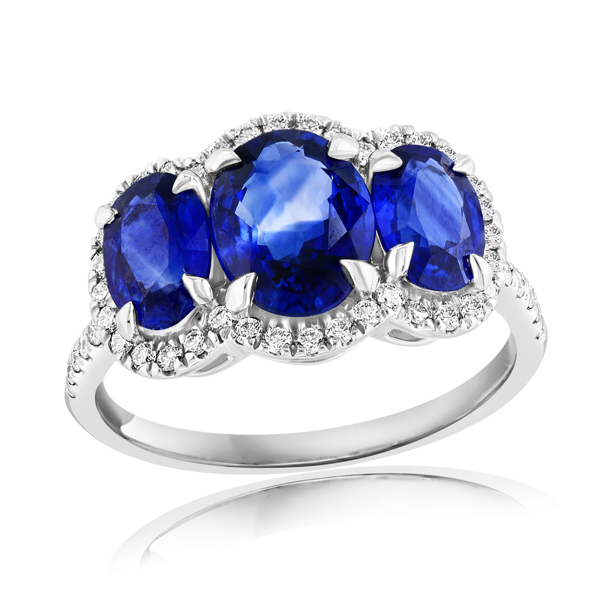 DFJ 18 Karat White Gold Three Stone Sapphire &amp; Diamond Ring