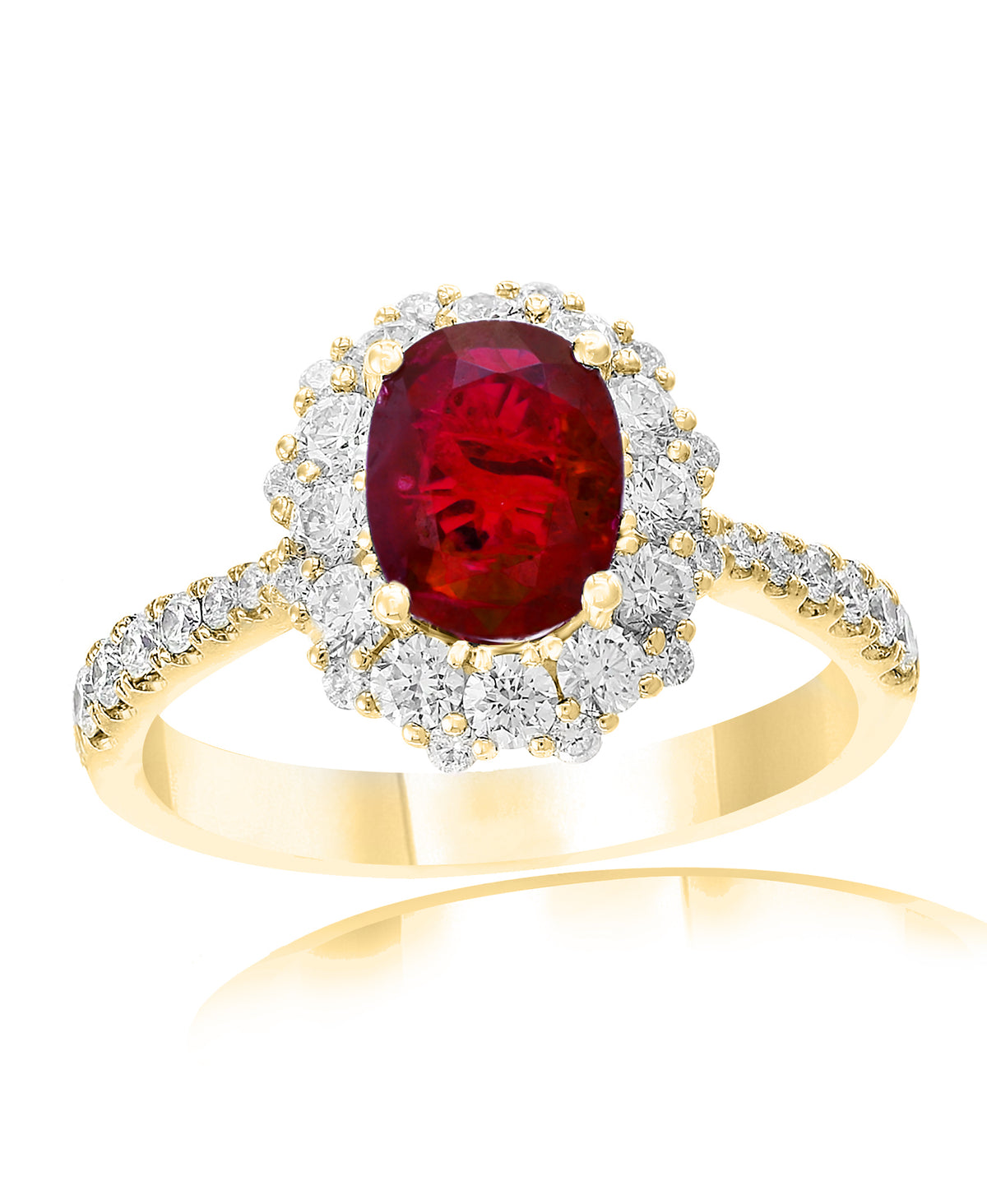 DFJ 18 Karat Yellow Gold Oval Ruby &amp; Diamond Halo Ring
